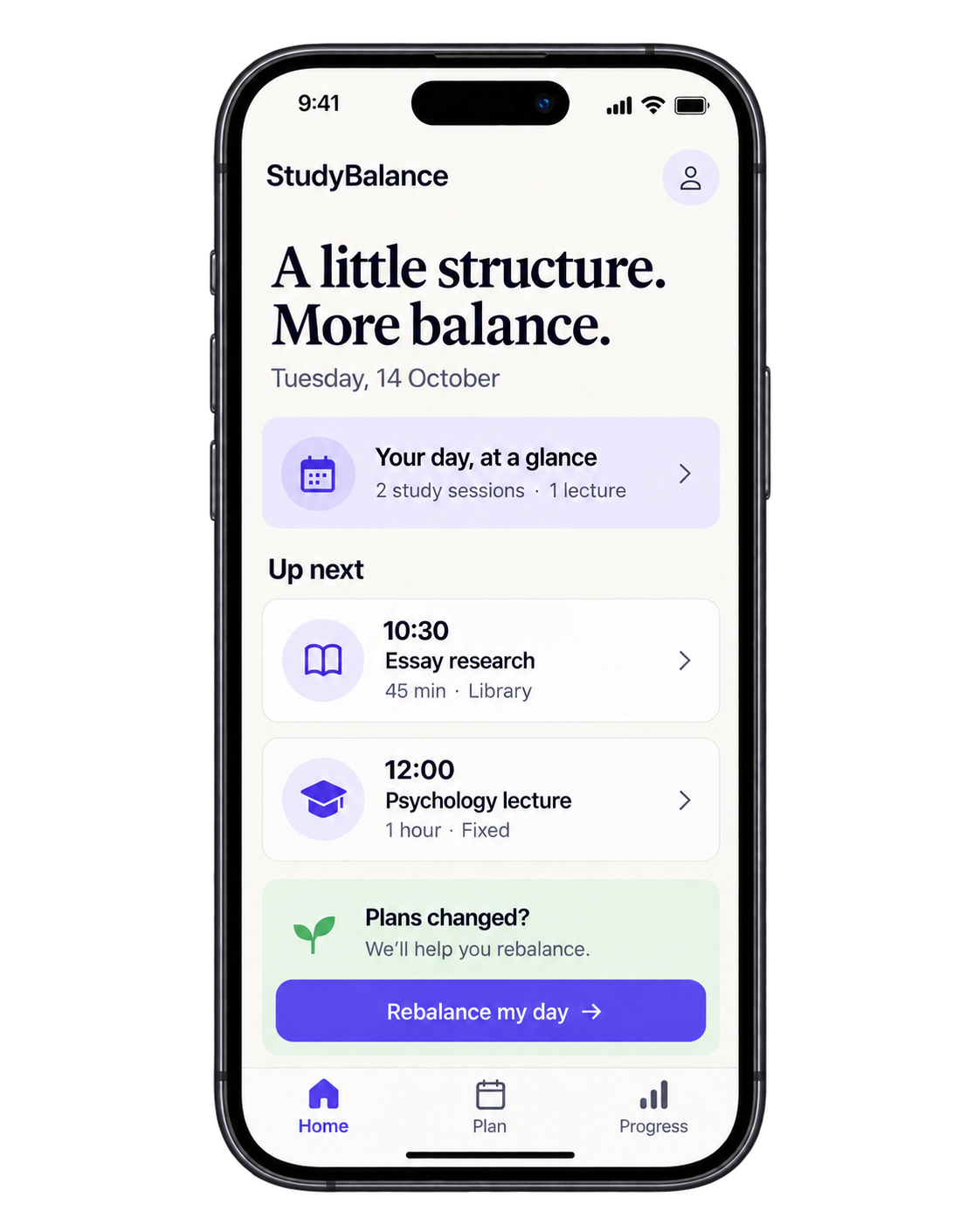 Front-facing iPhone concept with the StudyBalance name, upcoming study sessions, a fixed lecture and a Rebalance my day button.
